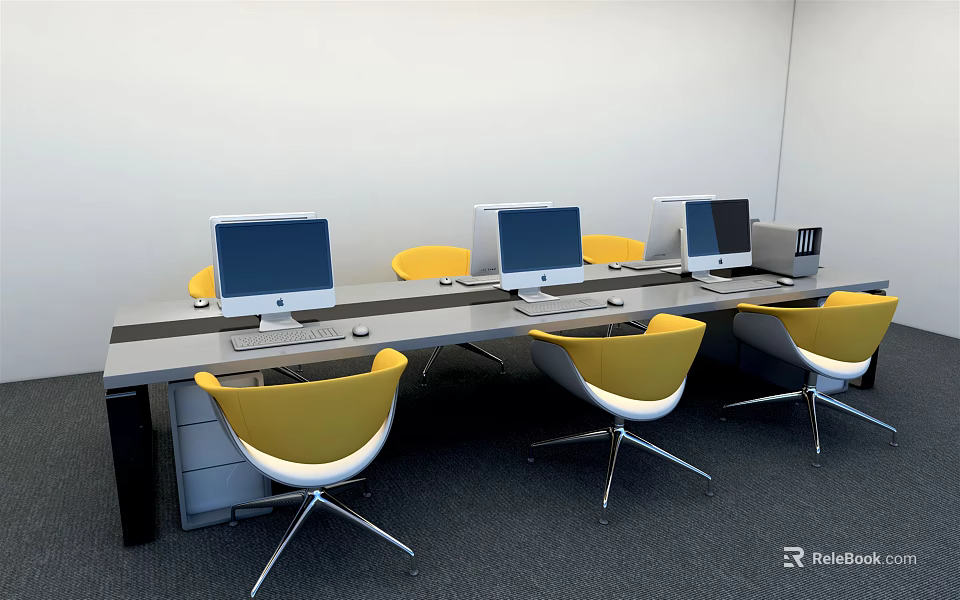 Office Desk Setup With Multiple Computer Monitors And Yellow Chairs In Modern Office 3d model