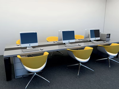 Office Desk Setup With Multiple Computer Monitors And Yellow Chairs In Modern Office 3d model