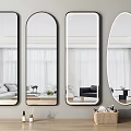 Four Different Shaped Wall Mirrors Reflecting Room Furniture With Wooden Table Oil And Woven Basket