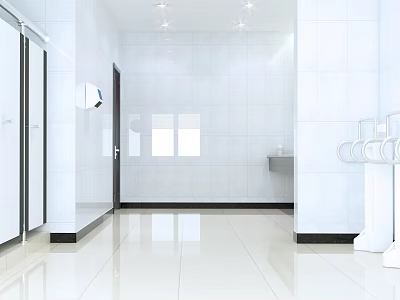 Clean Modern Public Restroom Featuring White Tiled Walls Sleek Stalls And Recessed Lighting 3d model