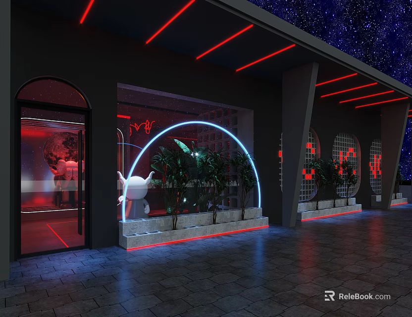 Modern Bar Exterior with Neon Lights Arch Entrance and Potted Green Plants 3d model 