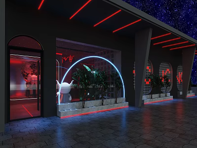 Modern Bar Exterior with Neon Lights Arch Entrance and Potted Green Plants 3d model