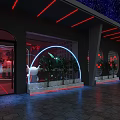 Modern Bar Exterior with Neon Lights Arch Entrance and Potted Green Plants