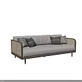 Light Gray Sectional Sofa With Wooden Frame Woven Armrests And Decorative Pillows