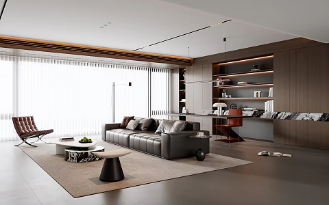 Italian-style Living Room Sofa Coffee Table Combination Leather Multi-person Sofa Chandelier Sofa Background Wall Dream Curtain Decorative Cabinet Desk and Chair Horizontal Hall 3d model