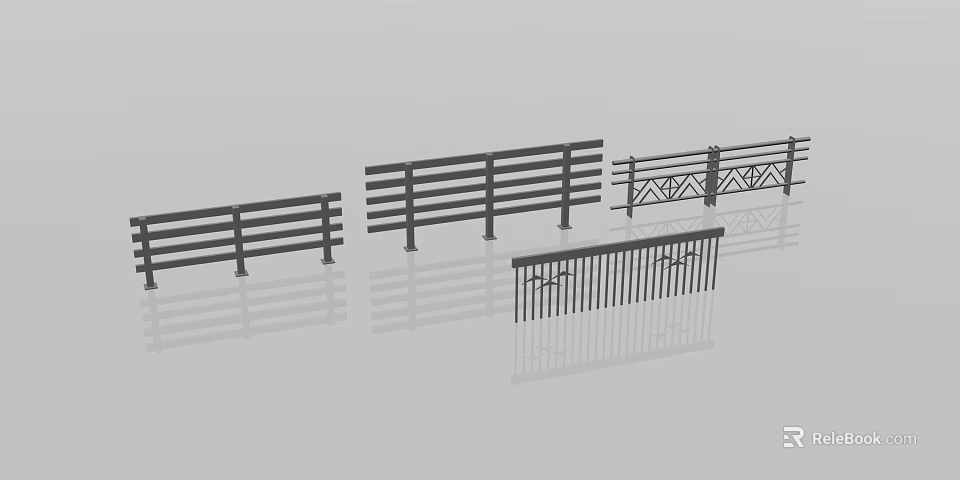 Various Fence Designs With Horizontal Rails And Decorative Panels 3d model