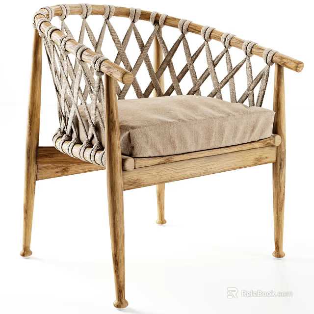 Stylish Leisure Chair with Wooden Frame Woven Backrest and Light Beige Cushion 3d model 