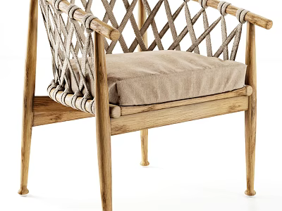Stylish Leisure Chair with Wooden Frame Woven Backrest and Light Beige Cushion 3d model
