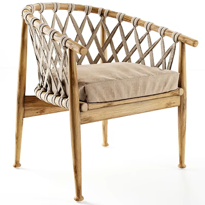 Stylish Leisure Chair with Wooden Frame Woven Backrest and Light Beige Cushion 3d model