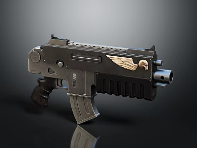 Black Tactical Submachine Gun With Golden Eagle Emblem And Ergonomic Design Features 3d model