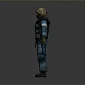 Tactical Personnel In Blue Uniform Helmet Face Mask Vest And Outstretched Arms