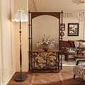 Elegant Living Room Interior Featuring Wooden Partition With Floral Design Floor Lamp And Sofa