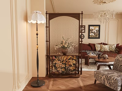 Elegant Living Room Interior Featuring Wooden Partition With Floral Design Floor Lamp And Sofa 3d model