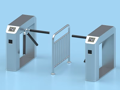 Industrial Turnstile Equipment With Silver Metal Railings And Access Control System 3d model