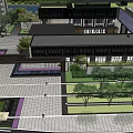 Modern Feature Wall in Landscape Design with Green Roofs Trees and Walkways