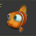 Cute Orange Clownfish 3D Model With White Stripes Blue Eyes Open Mouth And Red Fins