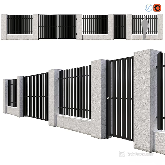 Outdoor Fence Components With Black Metal Railings And White Concrete Pillars 3d model 