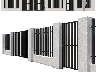 Outdoor Fence Components With Black Metal Railings And White Concrete Pillars 3d model