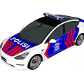 White Police Car With Blue Red Stripes Emergency Lights And Badge