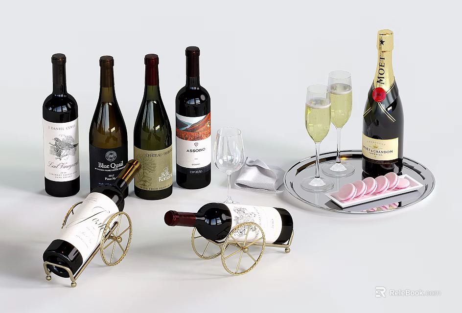 Elegant Wine Bottles And Glasses Display With Metal Racks Champagne Flutes And Trays 3d model 