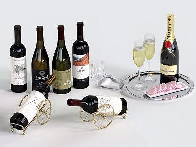 Elegant Wine Bottles And Glasses Display With Metal Racks Champagne Flutes And Trays 3d model