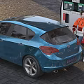 Woman in Orange Jacket Refueling Blue Car at Gas Station with Fuel Dispenser