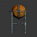 Decorative Orange Red Globe on Silver Metal Stand Featuring Intricate Legs and Smooth Surface
