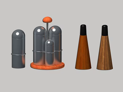 Metallic Cylindrical Objects With Orange Base And Wooden Conical Decorative Items 3d model
