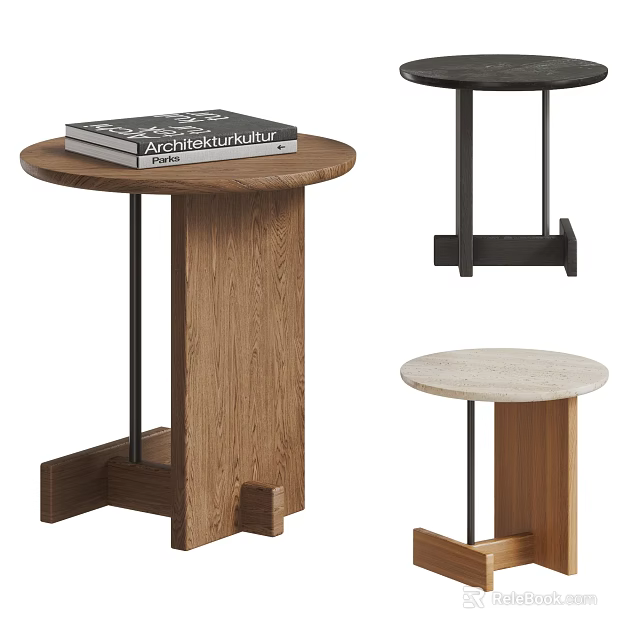 Modern Round Side Table With Wooden And Marble Top And Stylish Base Design 3d model 