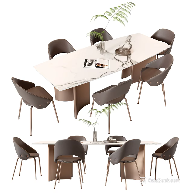 Modern Rectangular Dining Table Set With Marble Top And Dark Upholstered Chairs 3d model