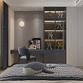 Modern Bedroom Interior With Gray Wall Two Paintings Pendant Light Nightstand And City View Window