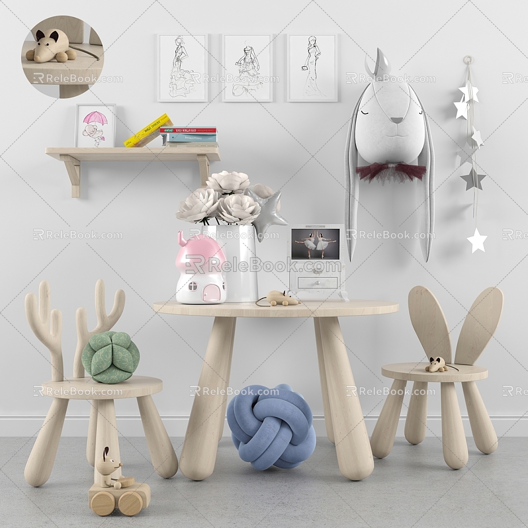 Modern Table and Chair Combination Plywood Animal Children's Chair Ears 3d model