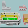 Different Types of Buildings Including High Rise Church Stadium and Yellow House
