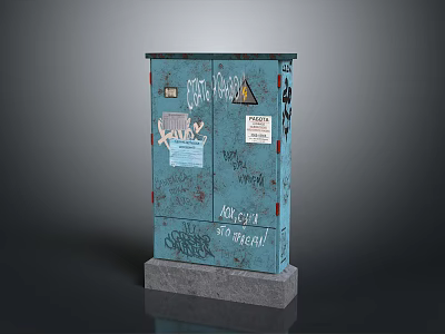 Blue Electrical Appliances Cabinet With Graffiti Stickers And Warning Signs 3d model