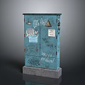 Blue Electrical Appliances Cabinet With Graffiti Stickers And Warning Signs
