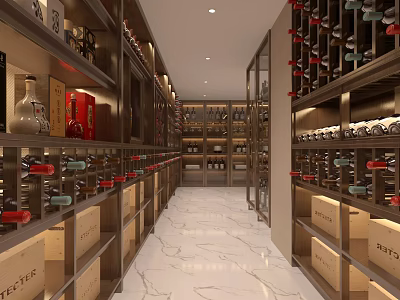 Elegant Wine Cellar Interior With Wooden Wine Racks Glass Doors And Marble Floor 3d model