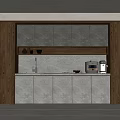 Modern Bar Counter Area With Wooden Cabinets Grey Countertop And Coffee Machine