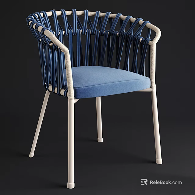 Stylish Leisure Chair With Woven Backrest Blue Cushion And White Frame 3d model