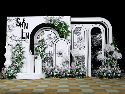 Elegant Wedding Backdrop With White Arch Green Plants And Floral Decorations On Checkerboard Floor 3d model
