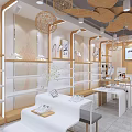 Modern Shoe Store Interior With Wooden Shelves White Display Tables And Pendant Lights