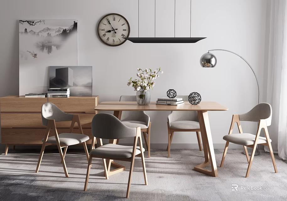 Modern Dining Table Set With Chairs Wall Clock Art Pendant And Floor Lamp 3d model