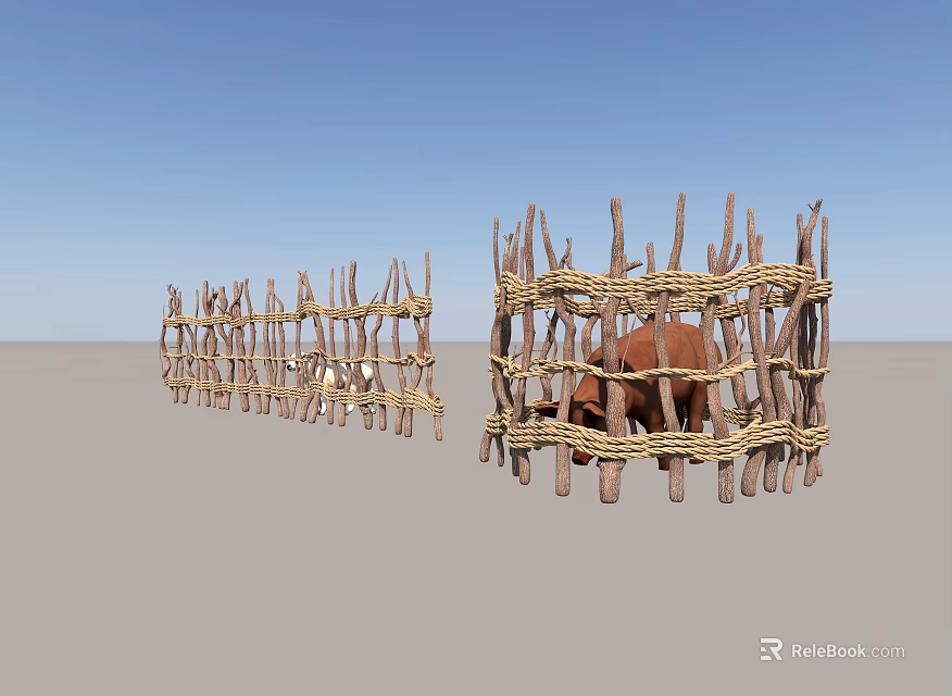 Rustic Garden Landscape With Woven Wooden Fences And Grazing Animals 3d model 