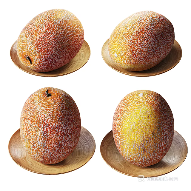 Fresh Ripe Cantaloupe Fruits on Wooden Plates with Netted Skin Texture 3d model 