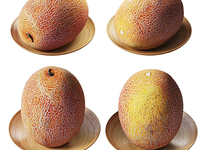 Fresh Ripe Cantaloupe Fruits on Wooden Plates with Netted Skin Texture 3d model