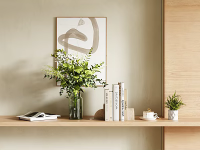 Decorative Ornament Set On Wooden Shelf With Abstract Painting Greenery Vase Books Small Potted Plant 3d model