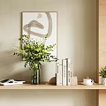 Decorative Ornament Set On Wooden Shelf With Abstract Painting Greenery Vase Books Small Potted Plant