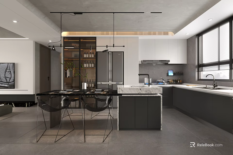 Modern Dining Area With Black Table Chairs Marble Island White Cabinets Grey Floor Pendant Lights 3d model 