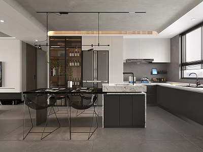 Modern Dining Area With Black Table Chairs Marble Island White Cabinets Grey Floor Pendant Lights 3d model