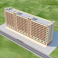 Aerial Planning of Multi Story Apartment Building With Red Brick Beige Exterior and Green Lawn Area