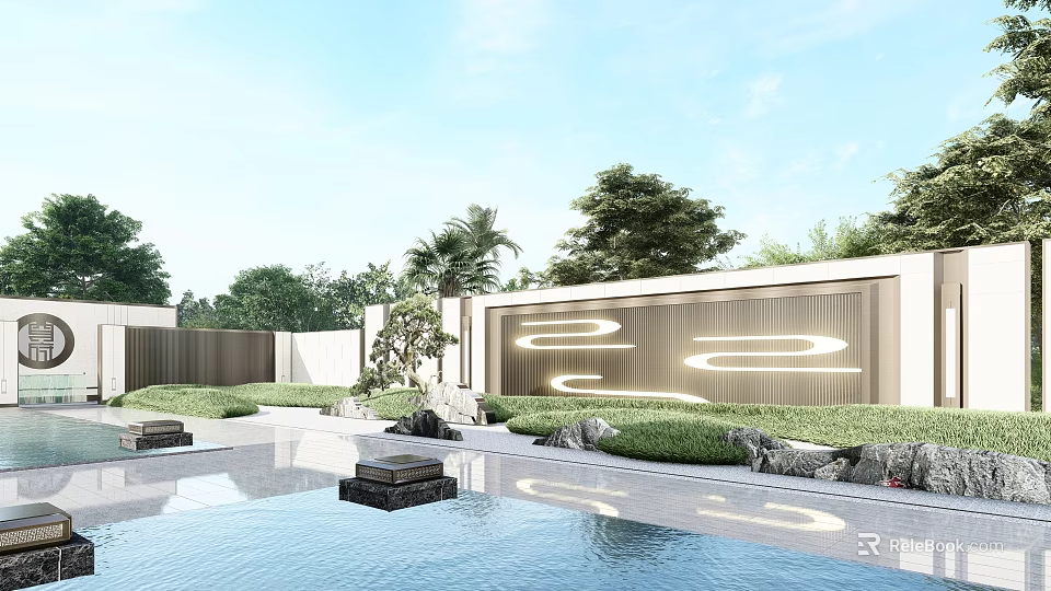 Modern Scenic Wall with Lighting Design and Water Pool Surrounded by Green Plants 3d model 